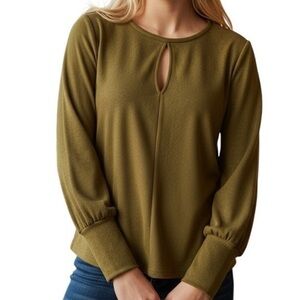 WALTER BAKER Aliva Olive Green Puff Sleeve Keyhole Crew Neck Blouse S NWT